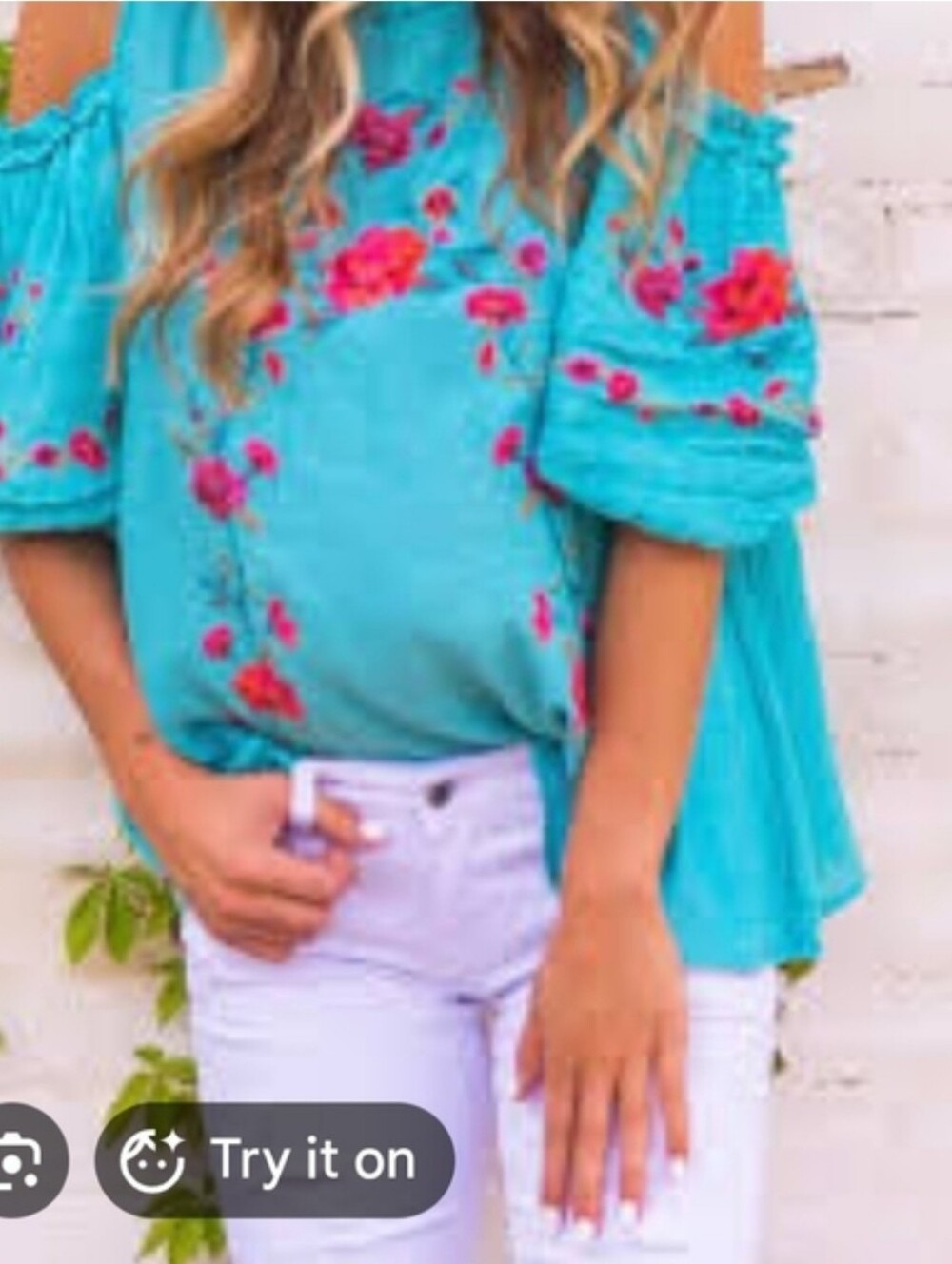 Umgee Turquoise Cold-Shoulder Floral Embroidered Blouse, Western Look!